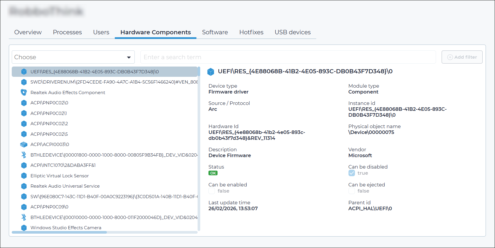 Hardware components tab of the This asset page showing a searchable list of detected devices and detailed information for a selected firmware device, including hardware ID, vendor, status, module type, and parent ID
