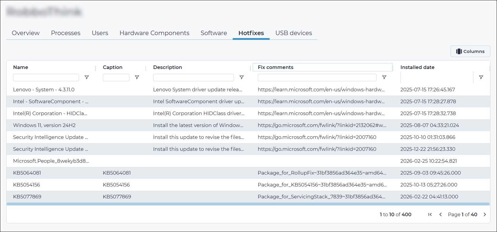 Hotfixes tab of the This asset page displaying a searchable and filterable table of installed Windows updates with columns for name, caption, description, fix comments, and installed date