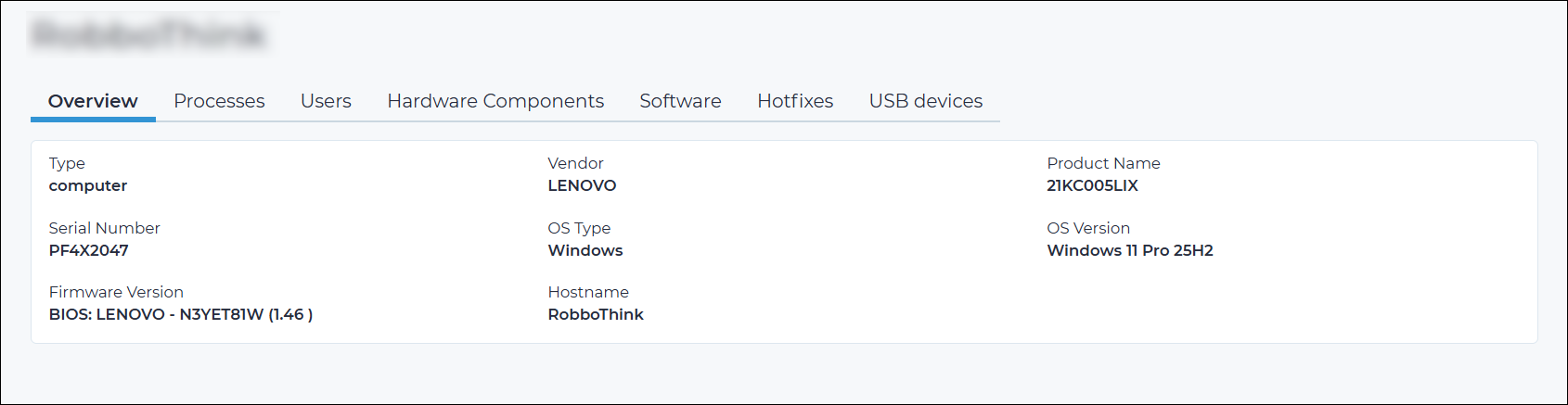 Overview tab of the This asset page in the Arc local UI, displaying host details including type, vendor, product name, serial number, operating system, firmware version, and hostname