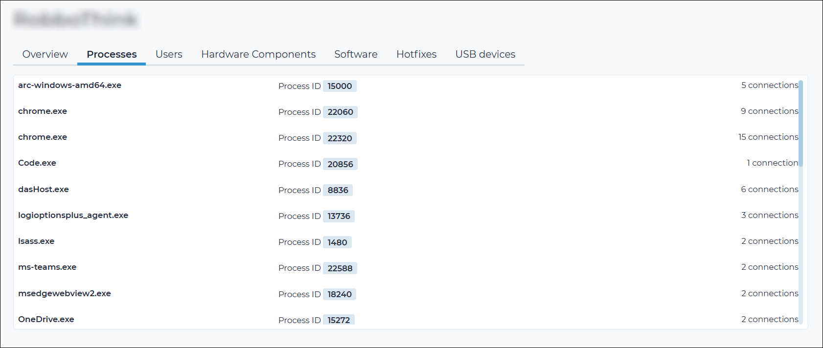 Processes tab of the This asset page listing running processes with executable names, process IDs, and number of network connections for each process