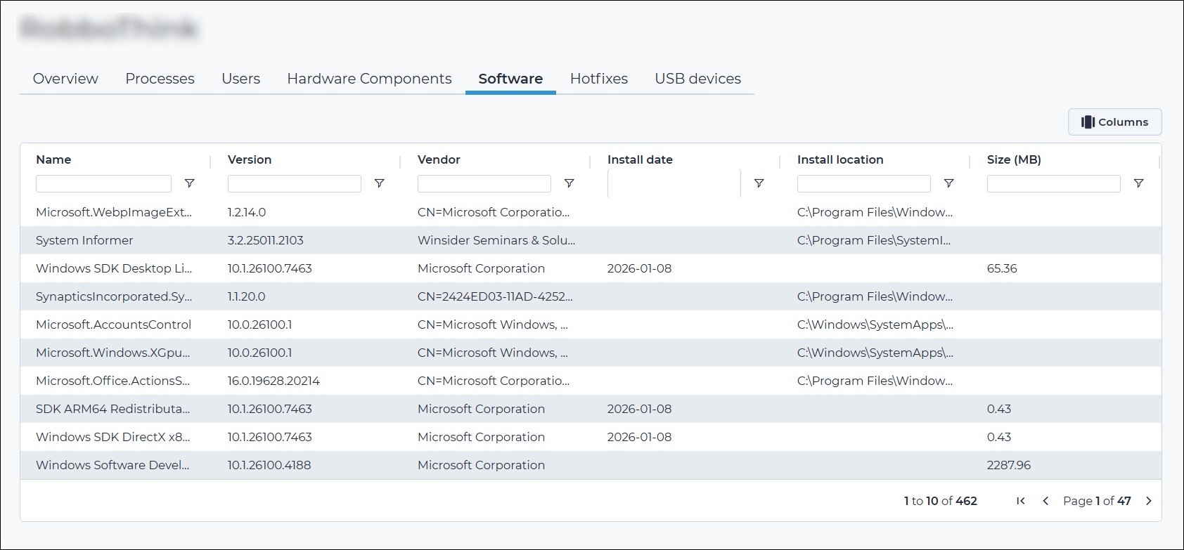 Software tab of the This asset page in the Arc local UI, displaying a searchable and filterable table of installed applications with columns for name, version, vendor, install date, install location, and size