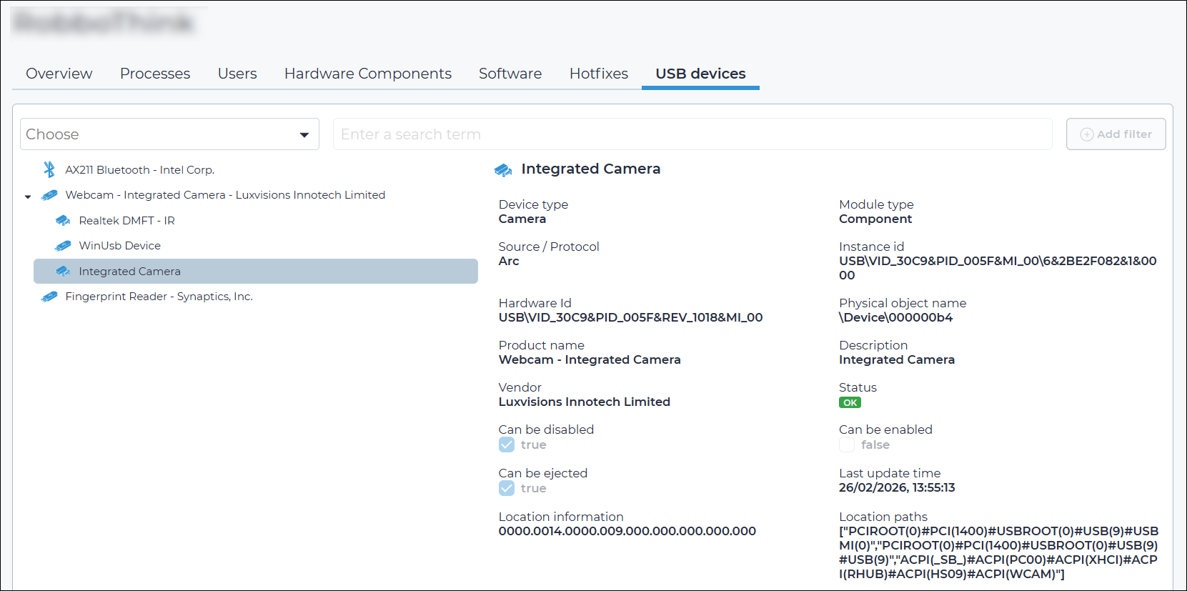 USB devices tab of the This asset page showing a hierarchical tree of connected USB devices and detailed information for a selected integrated camera, including device type, hardware ID, vendor, status, and location paths