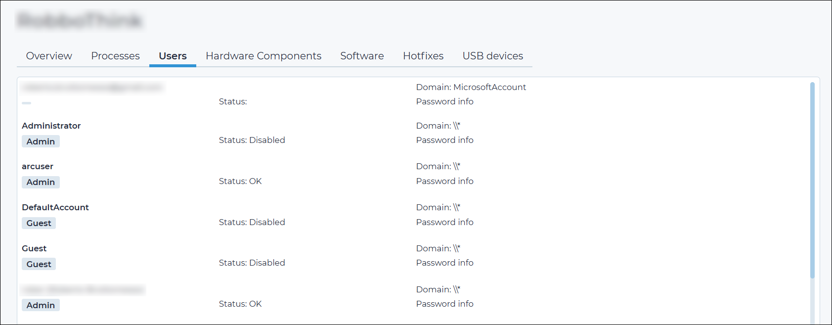 Users tab of the This asset page in the Arc local UI, listing local and Microsoft account users with role, status, domain, and password information