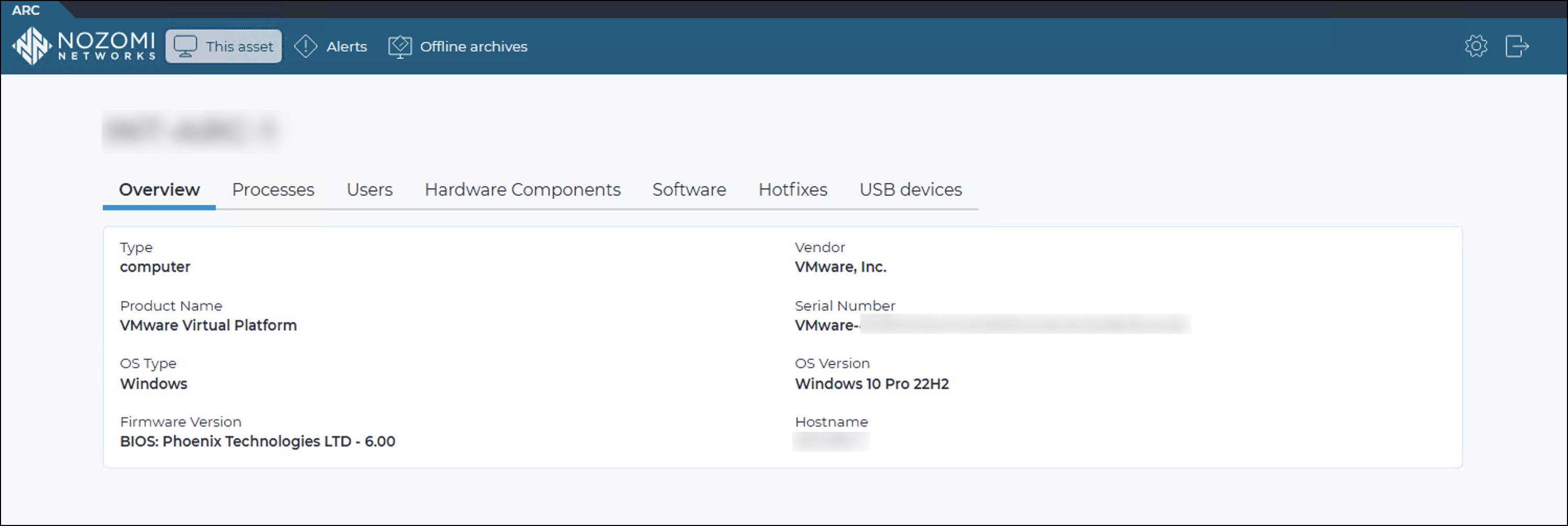 This asset tab in the Arc local UI showing tabs for overview, processes, users, hardware components, software, hotfixes, and USB devices