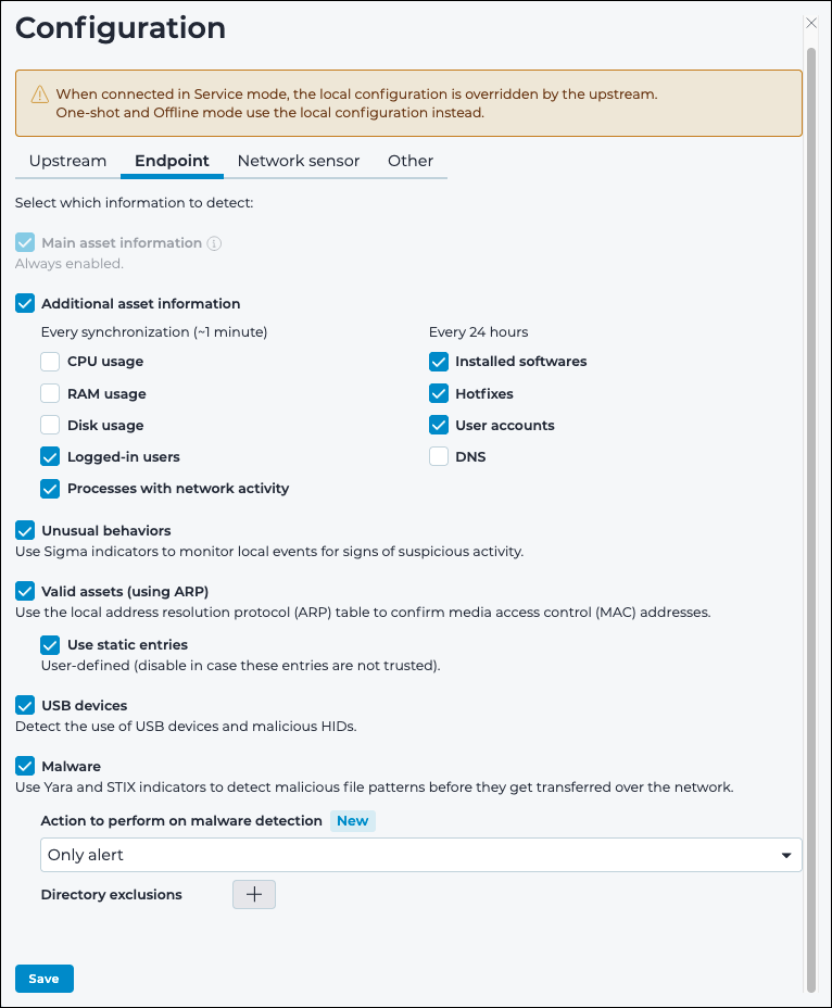 Endpoint configuration page showing asset information collection, Address Resolution Protocol-based asset validation, static entry options, and malware detection settings.