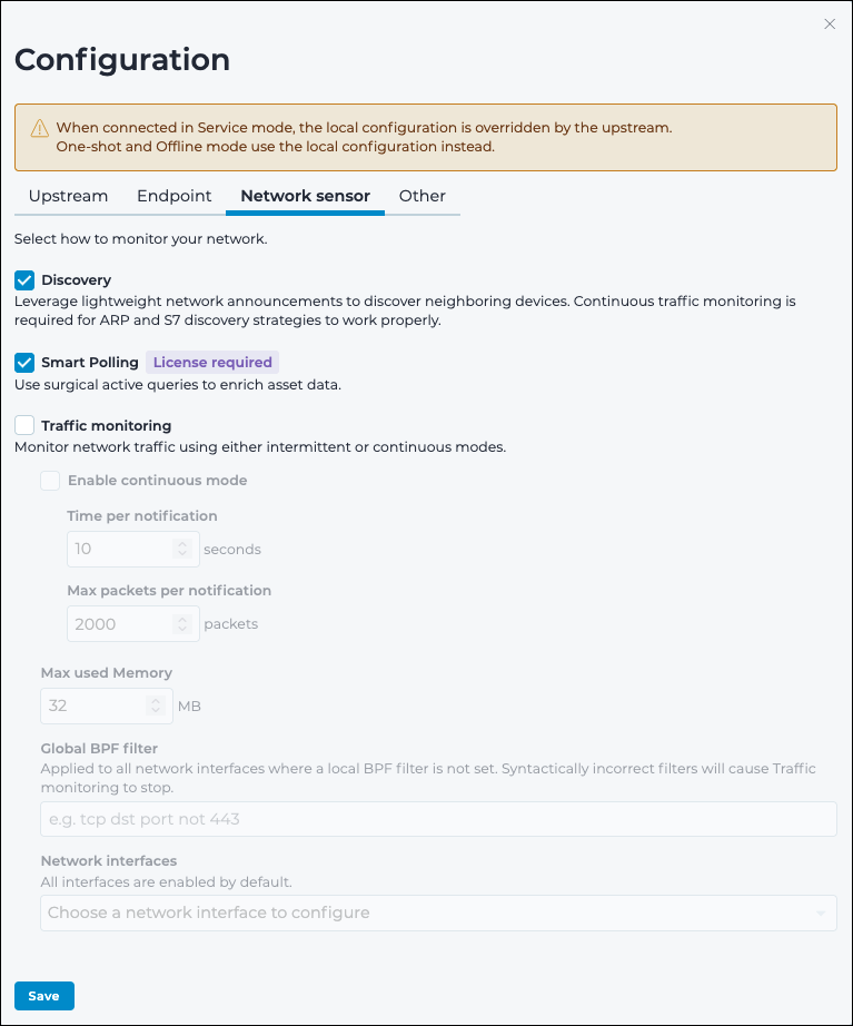 Network sensor page with checkboxes for Discovery and Smart Polling, a Traffic monitoring checkbox with continuous mode fields for time per notification, max packets per notification, and max used memory, plus a Global BPF filter field and a Network interfaces dropdown