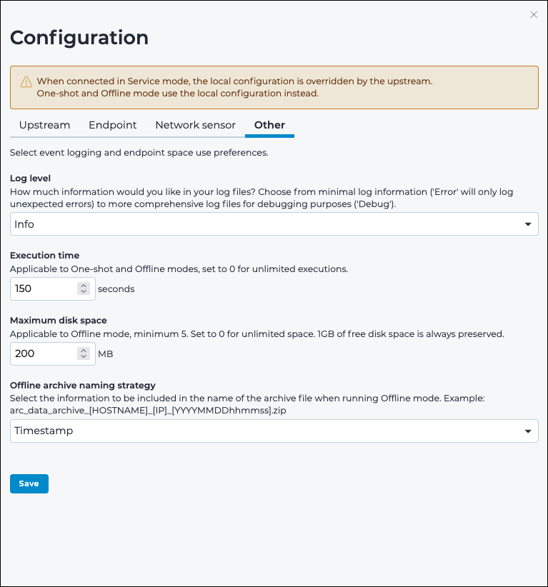 Other configuration page showing log level dropdown, execution time in seconds, maximum disk space in megabytes, and an offline archive naming strategy dropdown for One-shot and Offline modes.
