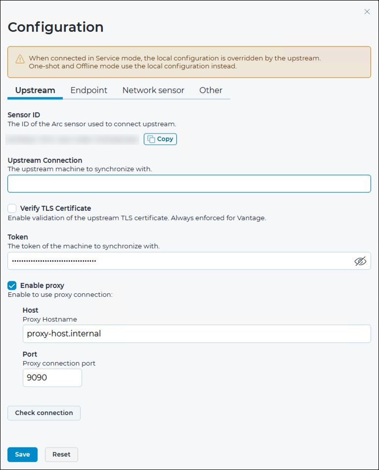Upstream connection page showing Arc sensor ID, upstream connection IP address, authentication token, and web proxy fields with a Copy button for the sensor ID