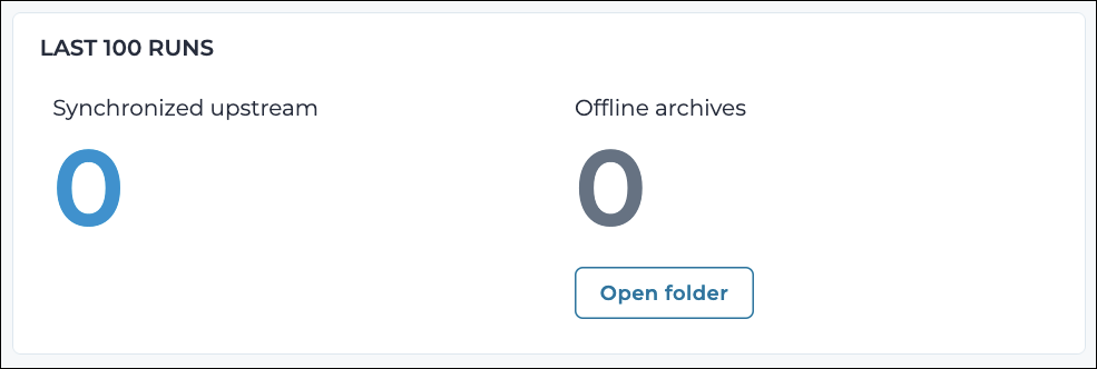 Dashboard showing synchronized upstream and offline archive counts from the last 100 runs, both currently at zero, with an option to open the folder