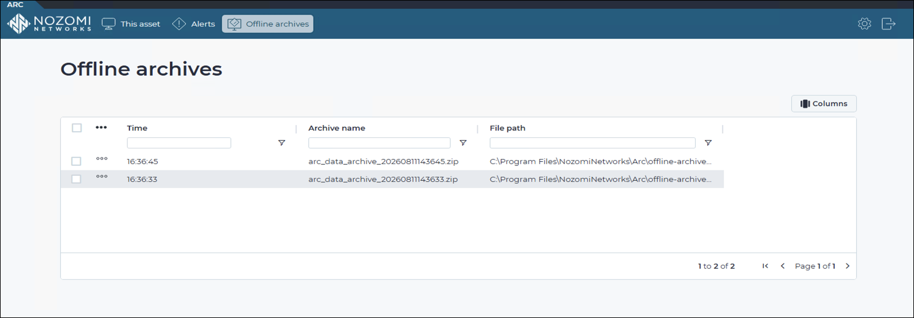 Offline archives page displaying a list with columns for time, archive name, and file path, showing one archive created on 2025-08-27 with a .zip file stored in the Arc installation directory