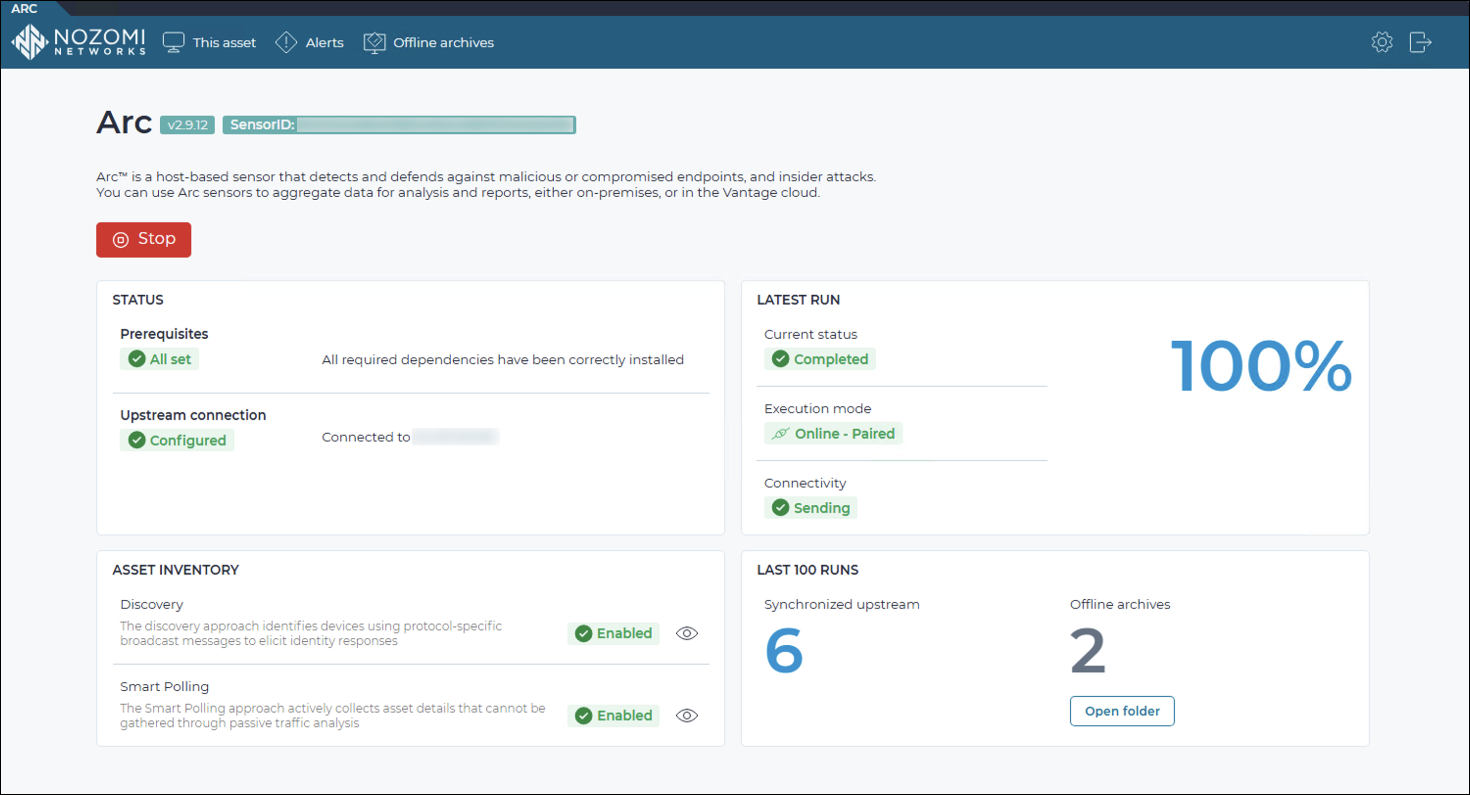 Arc local UI dashboard showing system version, sensor ID, status checks, upstream connection details, asset inventory with discovery and smart polling, latest run status, and last 100 runs summary with an option to open archives