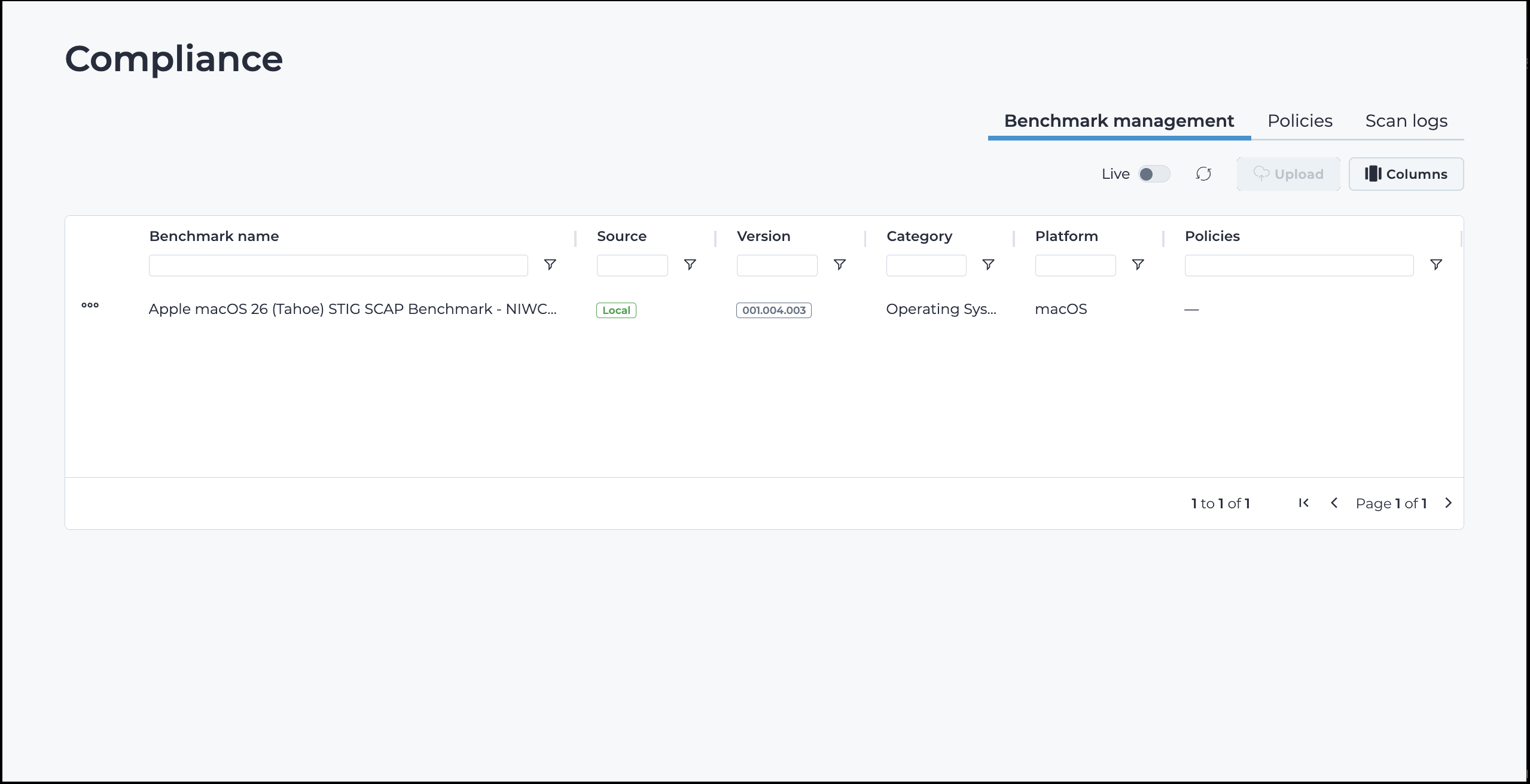 Benchmark management tab in the Arc local UI, showing no benchmarks on this sensor and the disabled Upload button