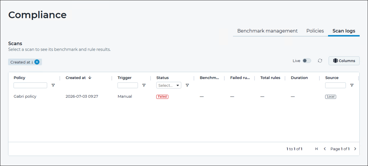 Scan logs tab in the Arc local UI showing a scan overview and its benchmark results