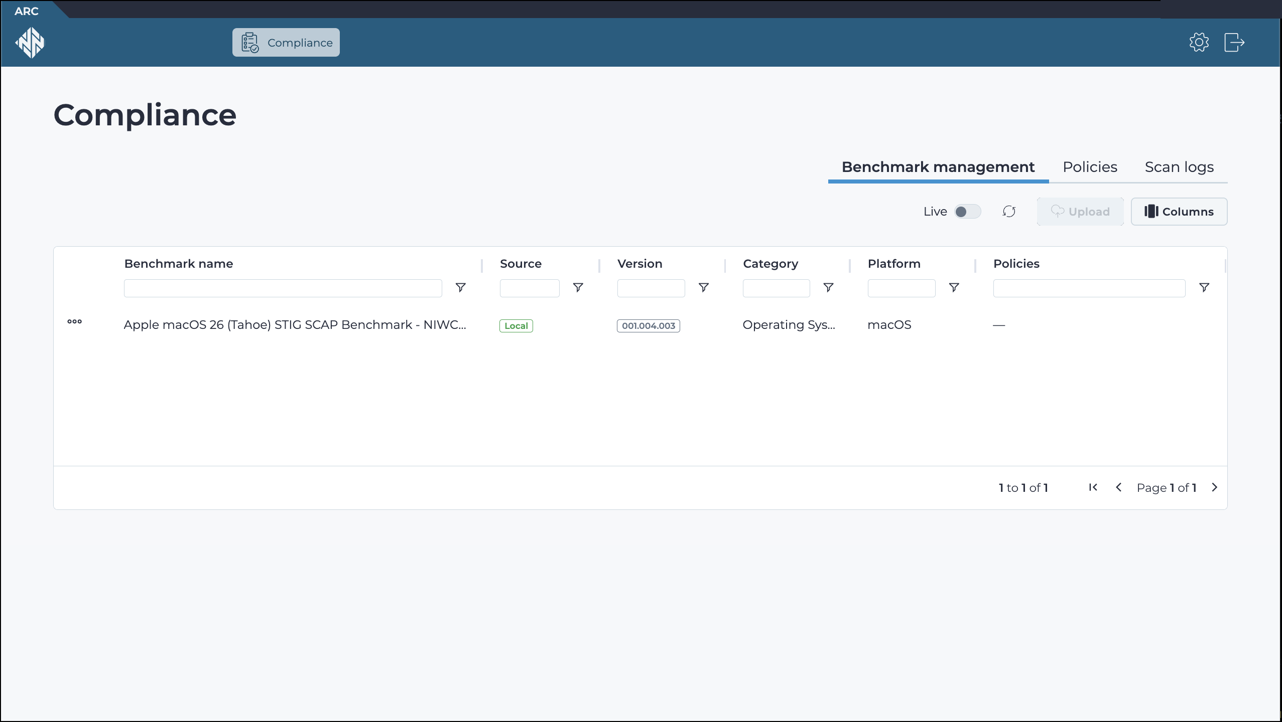Compliance tab in the Arc local UI showing the Benchmark management, Policies, and Scan logs tabs