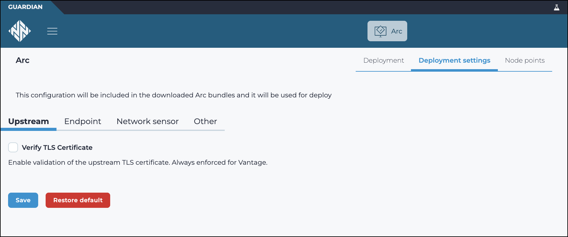 Deployment settings page showing upstream configuration with TLS certificate verification checkbox and Save and Restore default buttons.