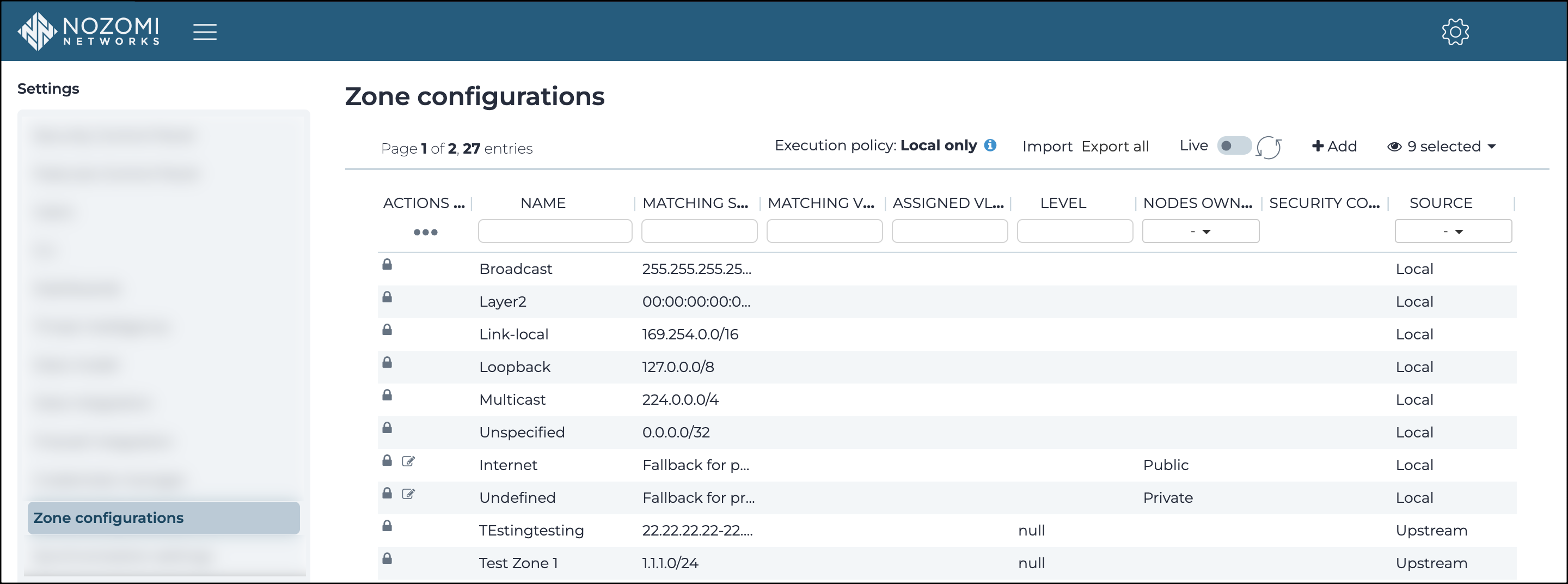 Zone configurations page