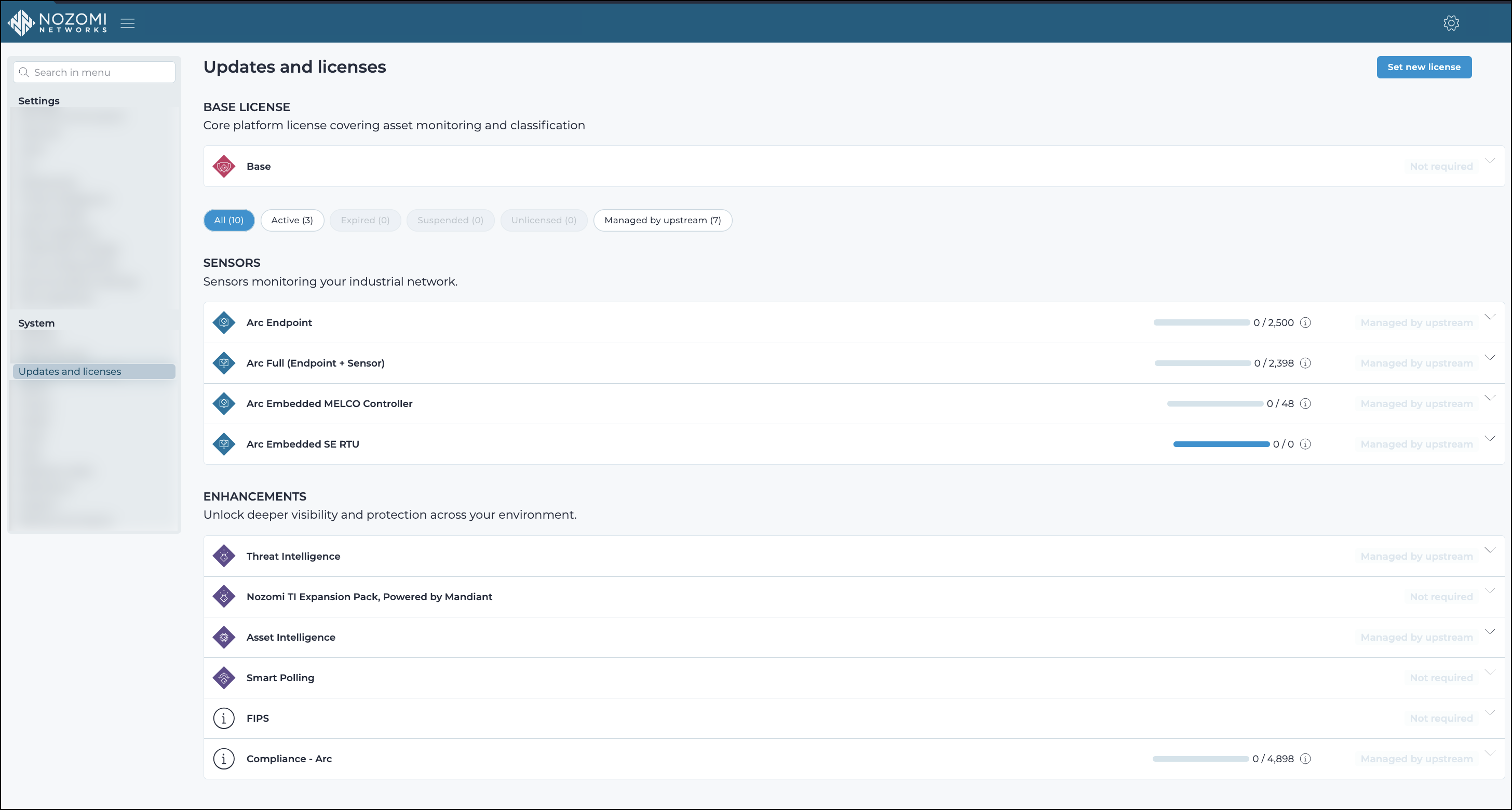 Updates and licenses page in CMC