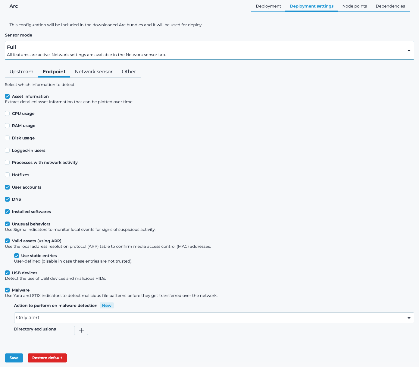 Endpoint page in Guardian deployment settings, showing options for Asset information, Valid assets using ARP, USB devices, Unusual behaviors, and Malware (Windows only).