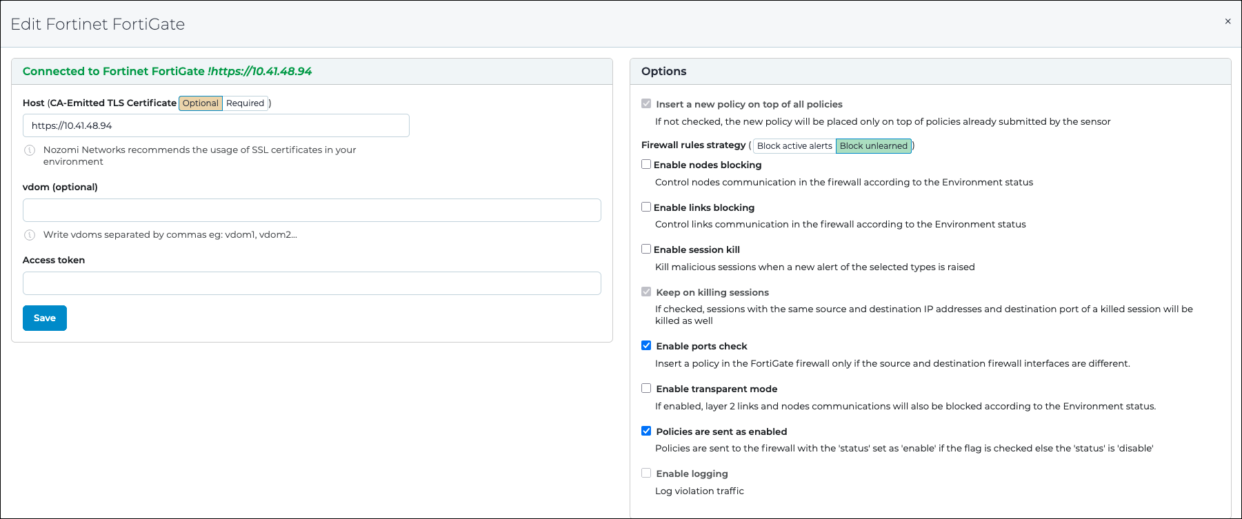 Edit Fortinet FortiGate dialog showing the Options panel with the Firewall rules strategy toggle with Block active alerts and Block unlearned options.
