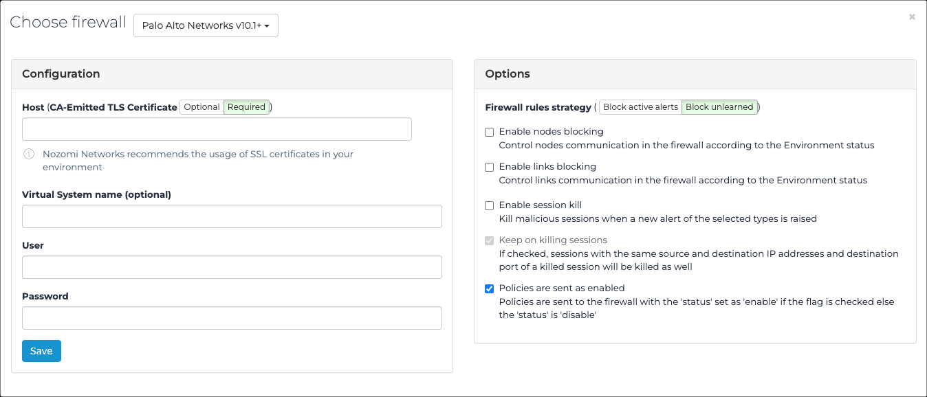 Firewall configuration dialog for Palo Alto Networks v10.1 showing fields for host, virtual system name, user, and password, with options for firewall rules strategy, node and link blocking, session kill, and logging.