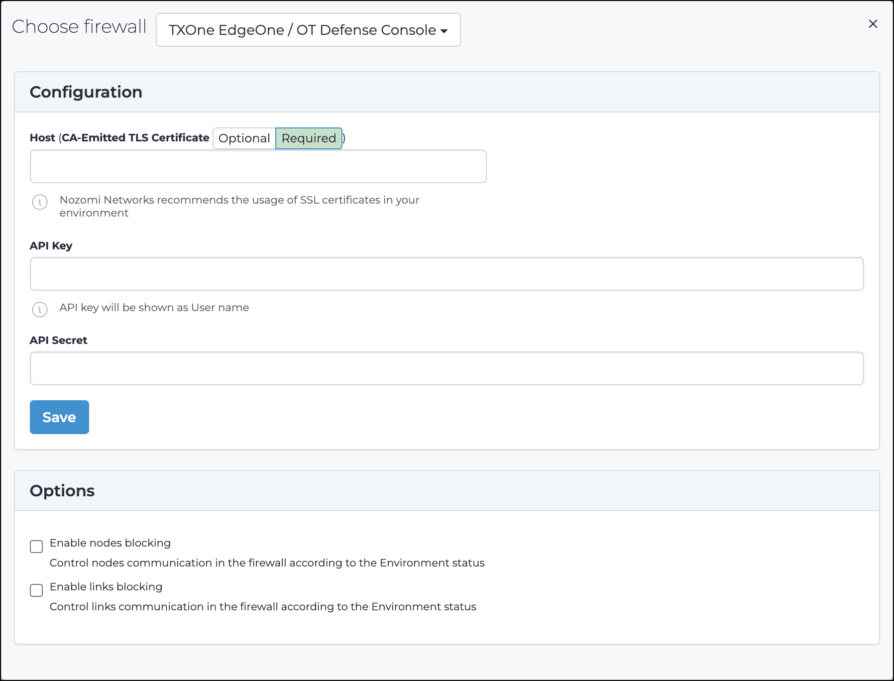 Firewall configuration dialog showing fields for host, API key, and API secret, with options to enable nodes and links blocking for TXOne EdgeOne / OT Defense Console.