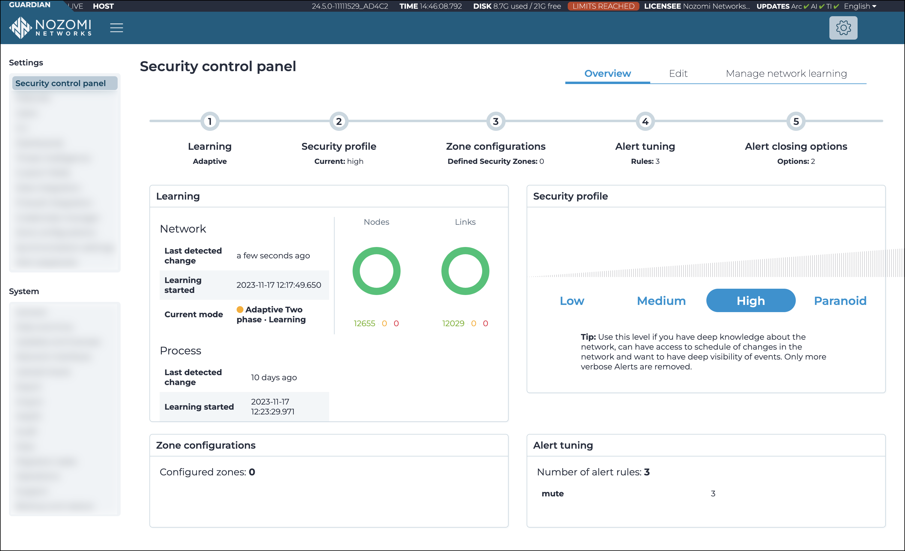 Security control panel page