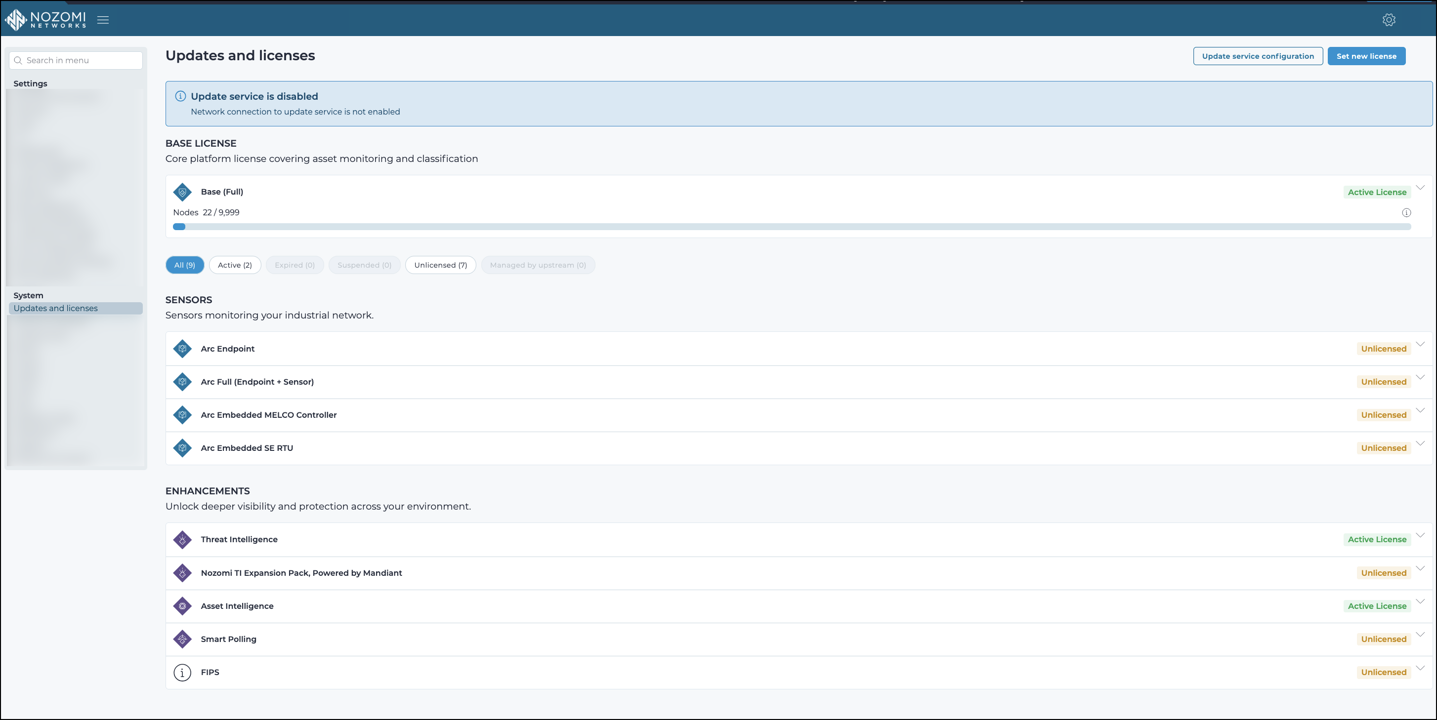 Updates and licenses page in Guardian