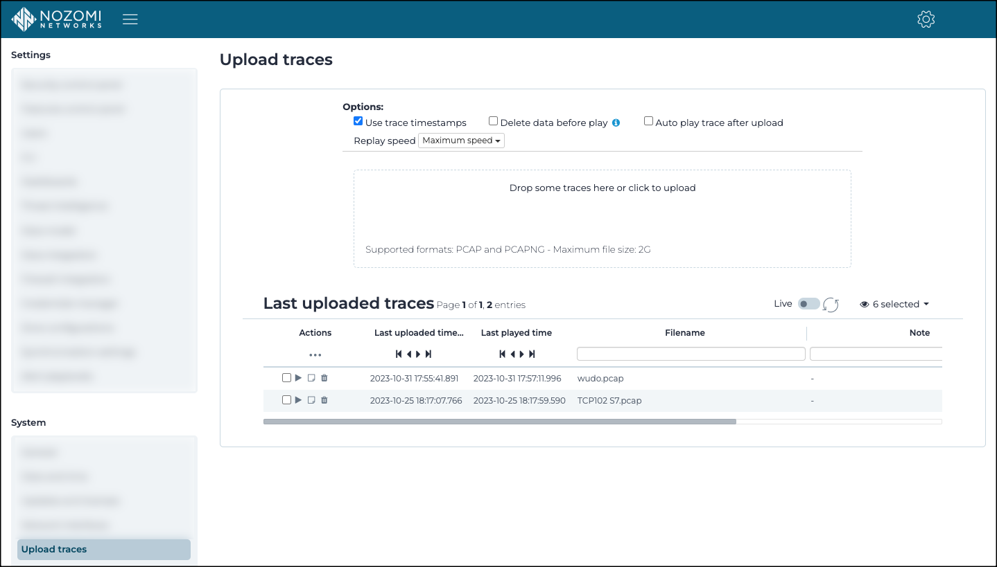 Upload traces page