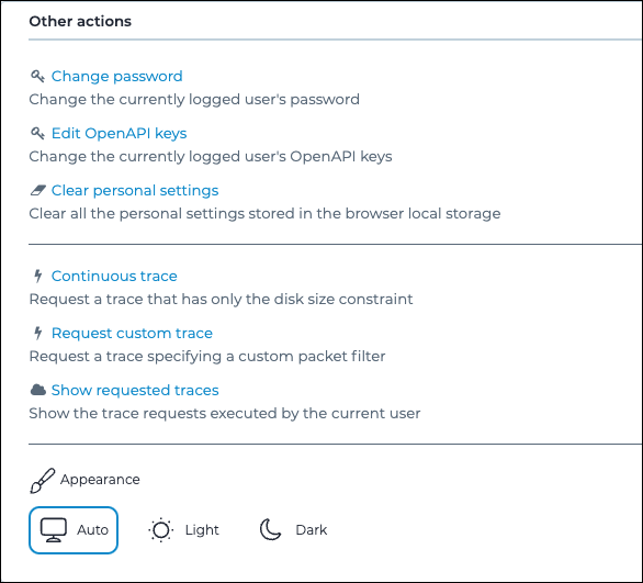 The Other Actions page in the Guardian UI, displaying options for clearing personal settings, requesting continuous or custom traces, and viewing requested traces. The page also includes an Appearance section where users can select a UI theme: Auto, Light, or Dark.