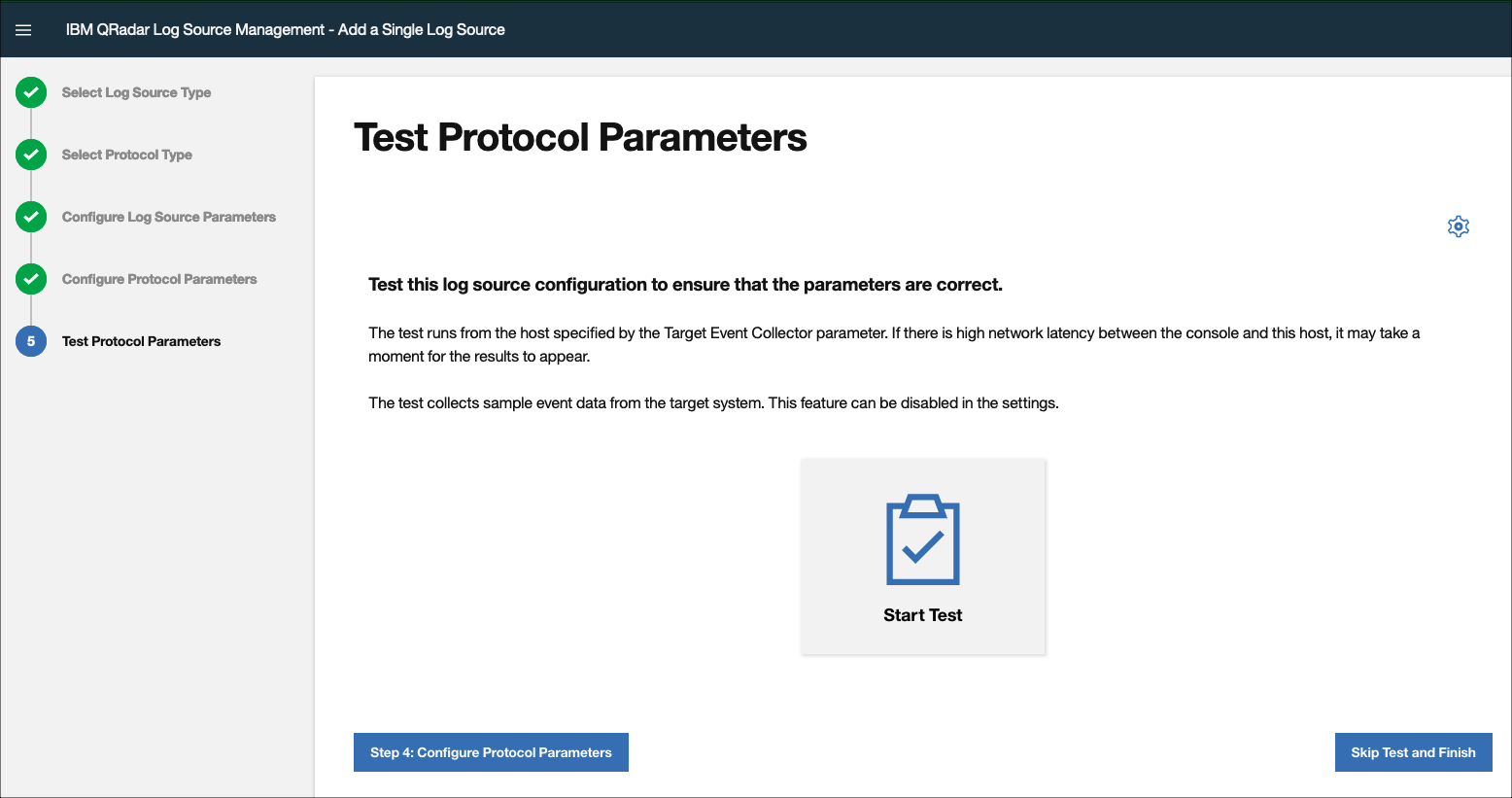 Test protocol parameters page