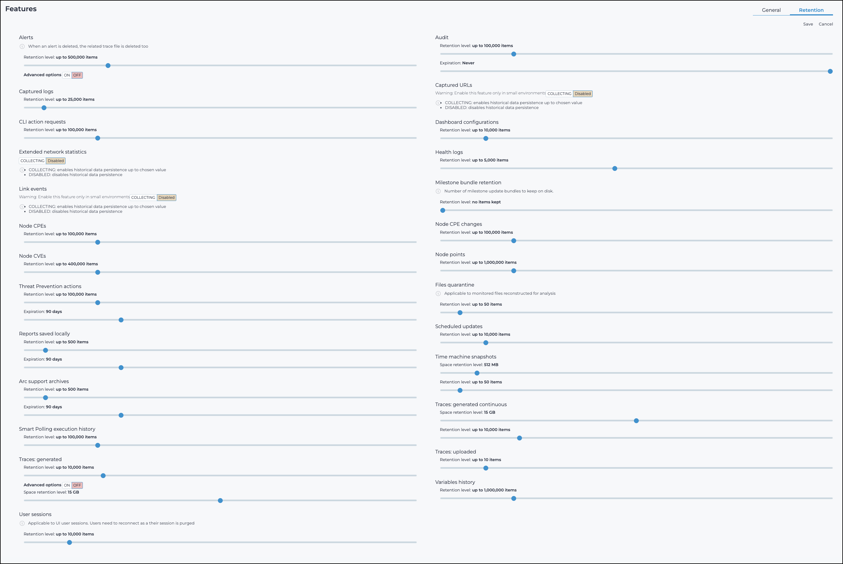 The Retention tab of the Features page, showing data category cards with retention sliders