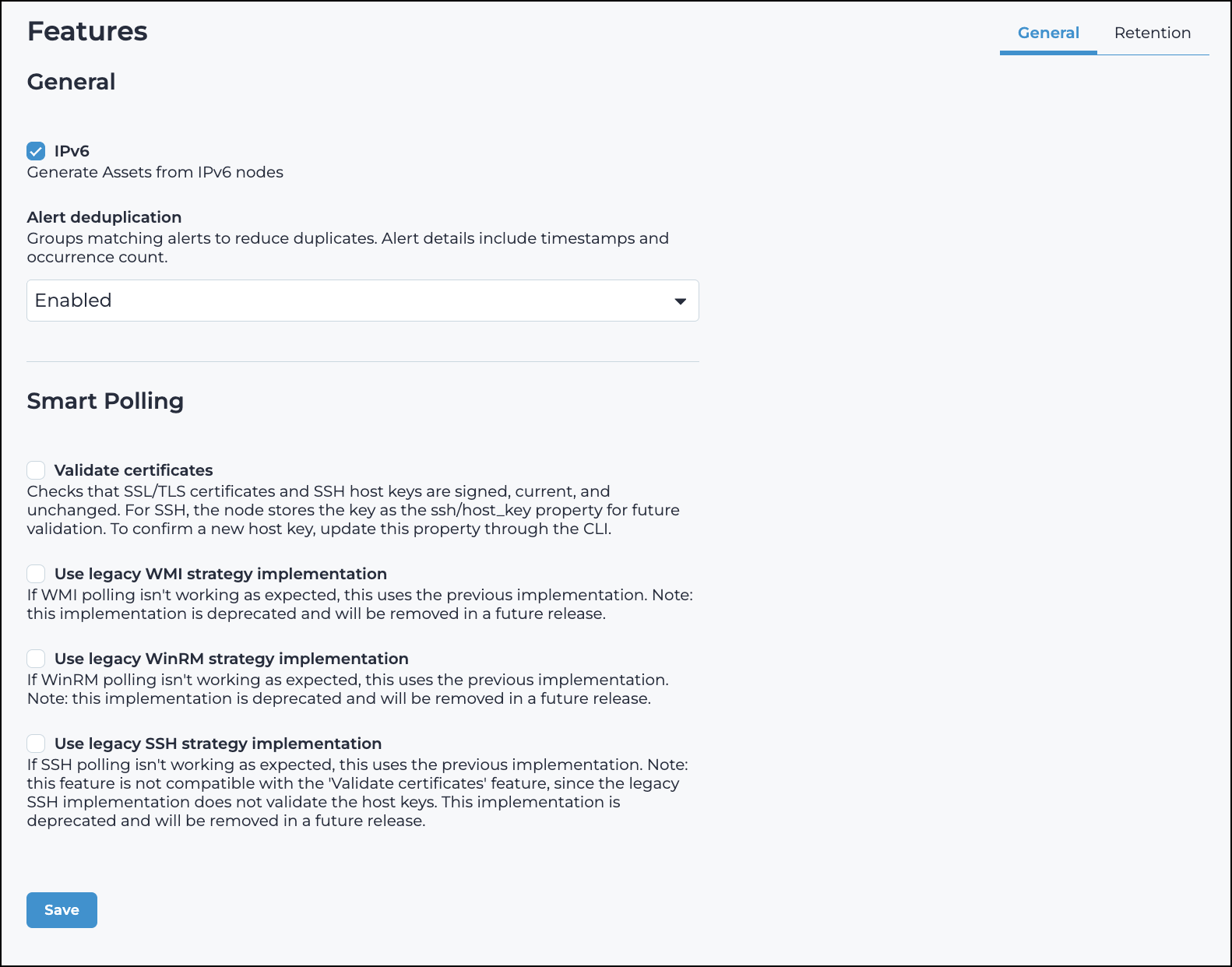 General page showing the IPv6 checkbox, Alert dediplication dropdown, and Smart Polling features