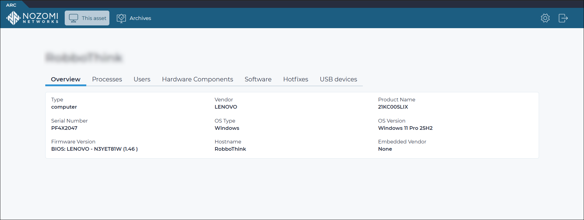 This asset tab in the Arc local UI showing tabs for overview, processes, users, hardware components, software, hotfixes, and USB devices