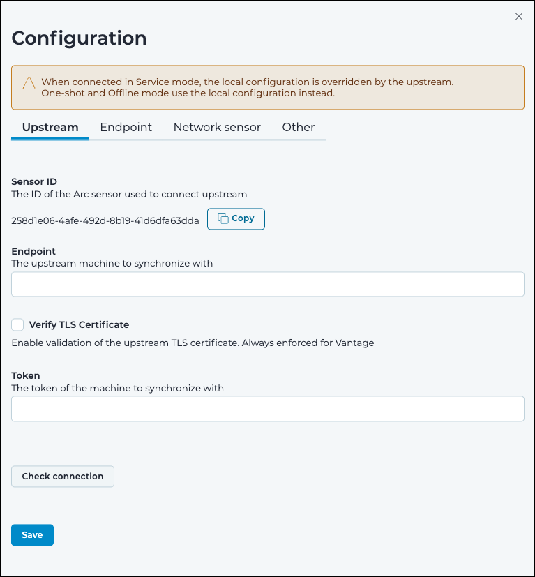 Upstream connection page showing Arc sensor ID, endpoint IP address, and authentication token fields with a Copy button for the sensor ID