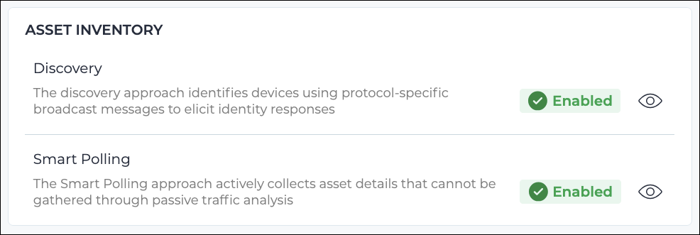 Asset Inventory section of the Arc local UI dashboard showing Discovery and Smart Polling features, both enabled with status indicators