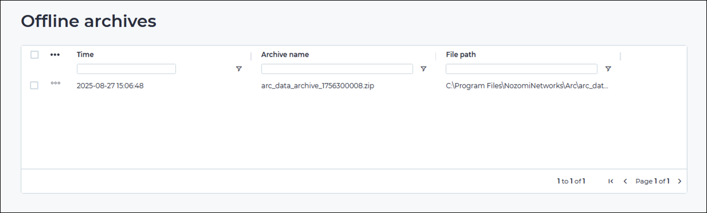 Offline archives page displaying a list with columns for time, archive name, and file path, showing one archive created on 2025-08-27 with a .zip file stored in the Arc installation directory