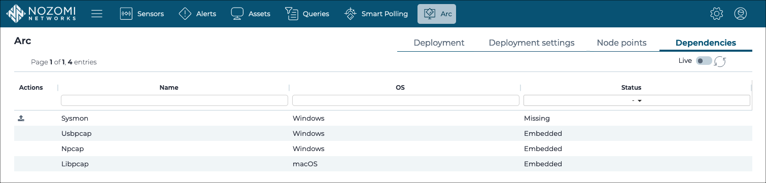 Dependencies page in Guardian (not connected to Vantage)