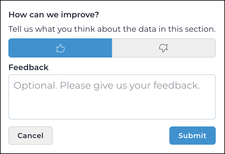 Screenshot of the asset detail view showing the enrichment feedback controls, with options to confirm (positive feedback) or report incorrect (negative feedback) enrichment results.