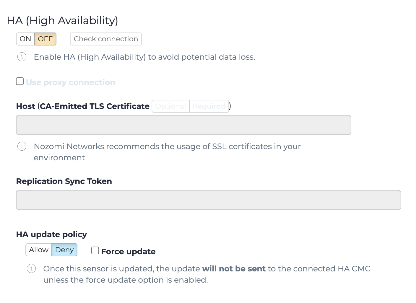 High Availability (HA) settings