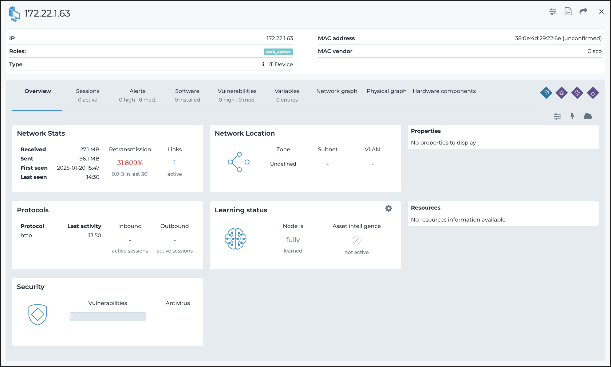 Screenshot of the network details page showing IP address, MAC address, roles, type, and various tabs including Overview, Sessions, Alerts, Software, Vulnerabilities, Variables, Network graph, Physical graph, and Hardware components.