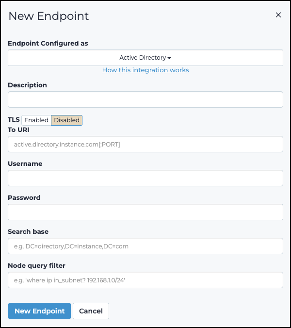 Screenshot of page to configure a new Active Directory endpoint, including TLS settings, URI, credentials, search base, and node filter