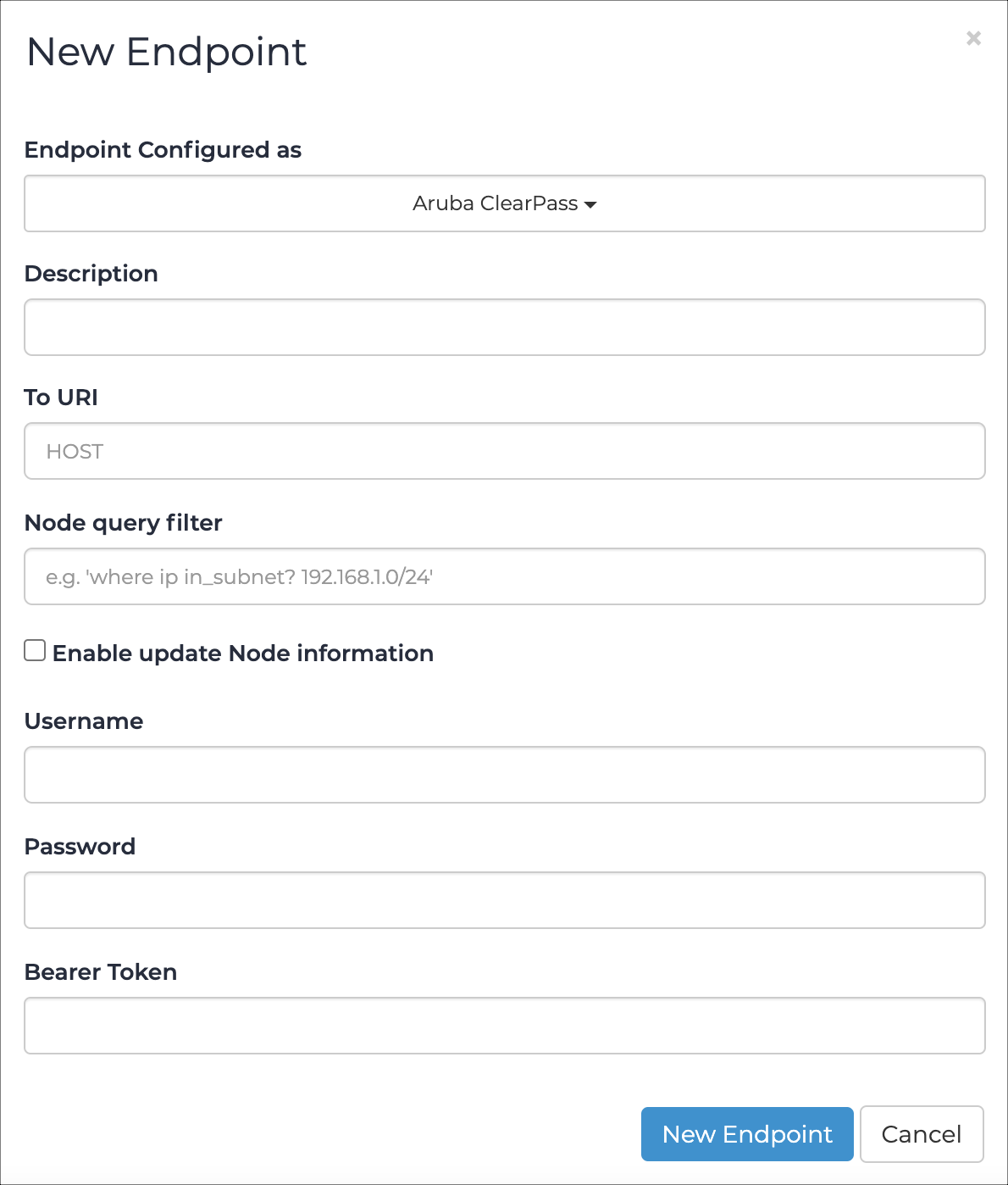 Aruba ClearPass dialog