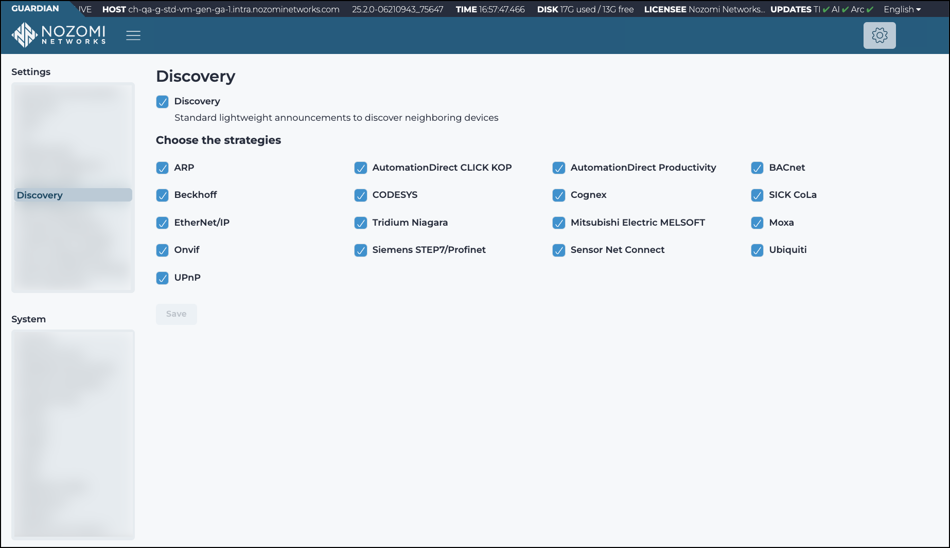 Discovery settings screen showing the option to enable or disable network device discovery in Guardian