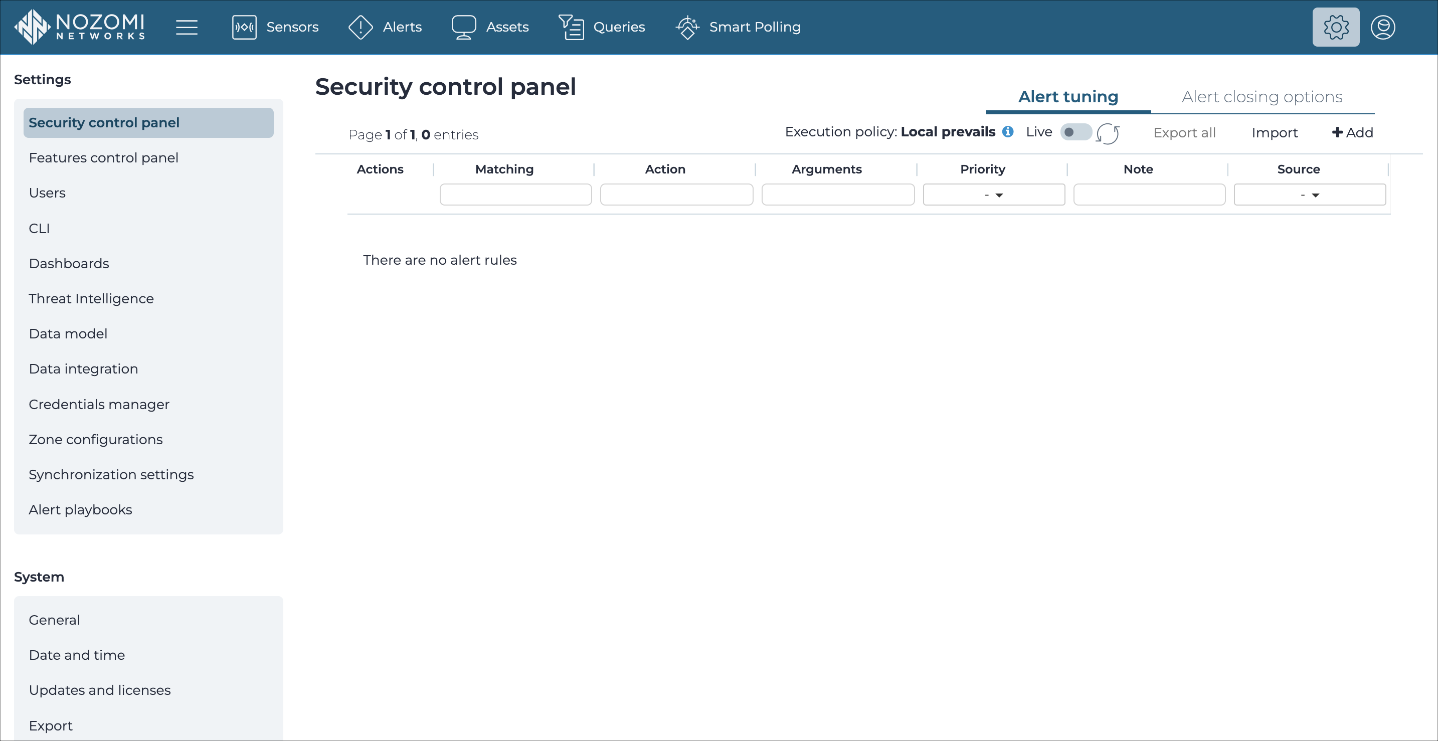 Security control panel page