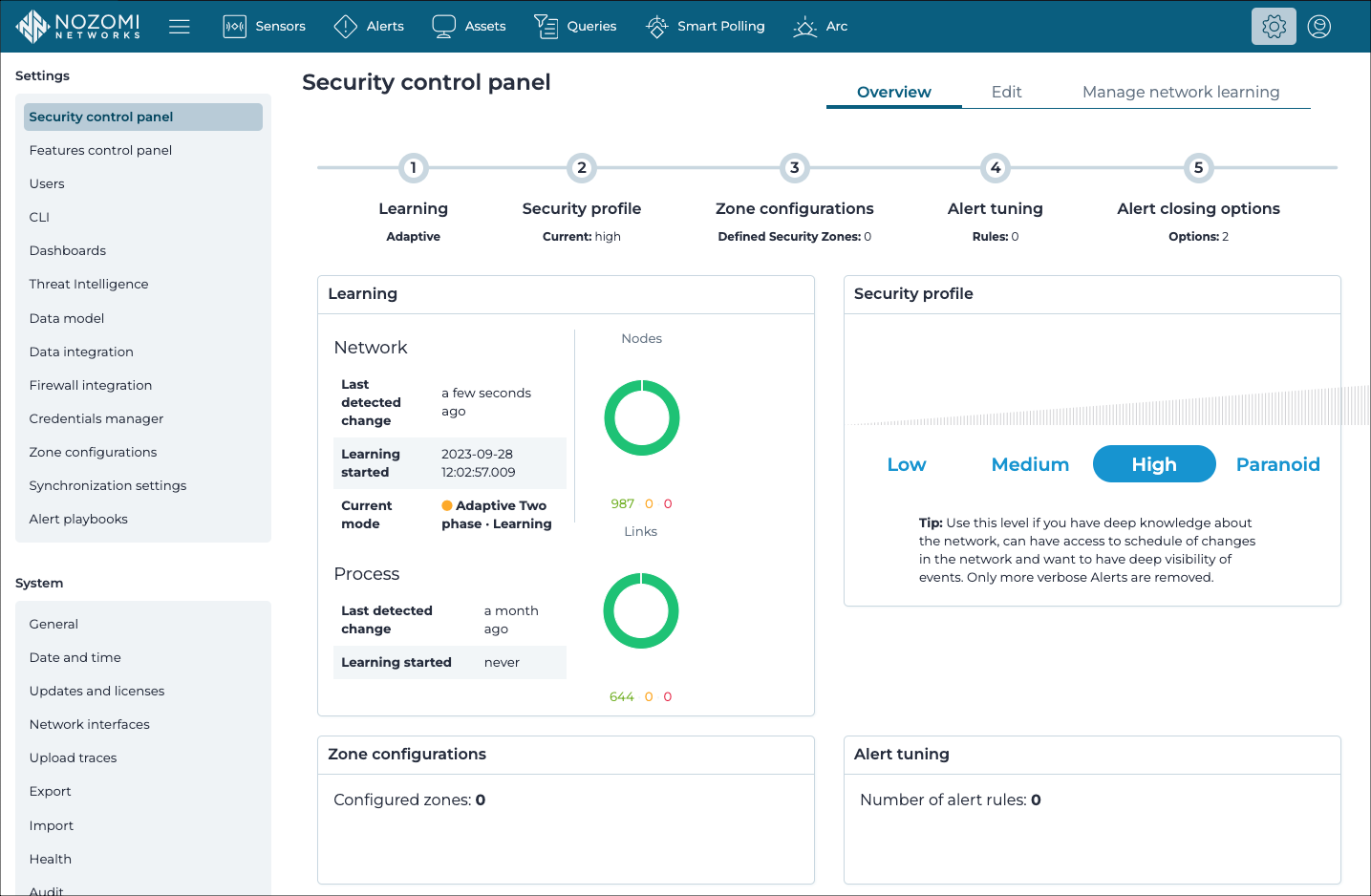 Security control panel page