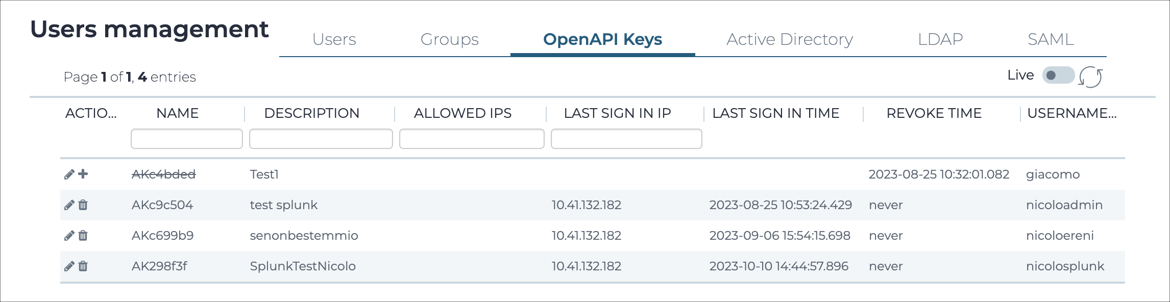 OpenAPI keys page