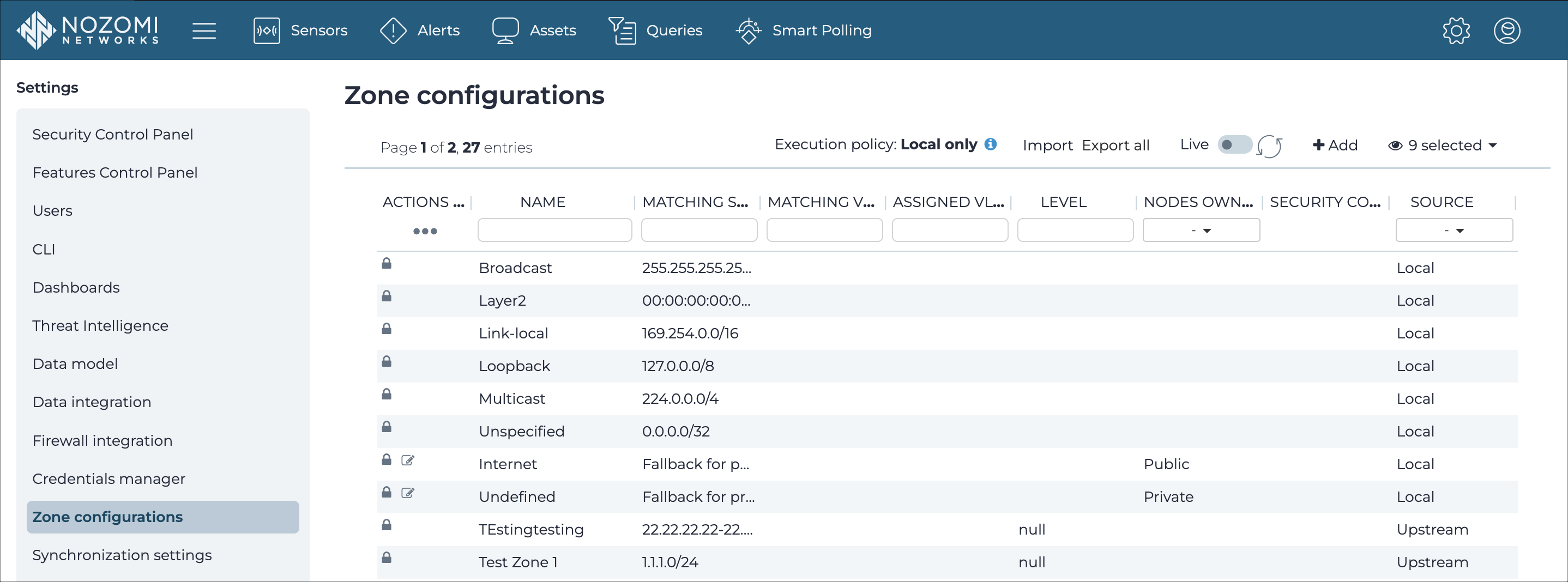 Zone configurations page