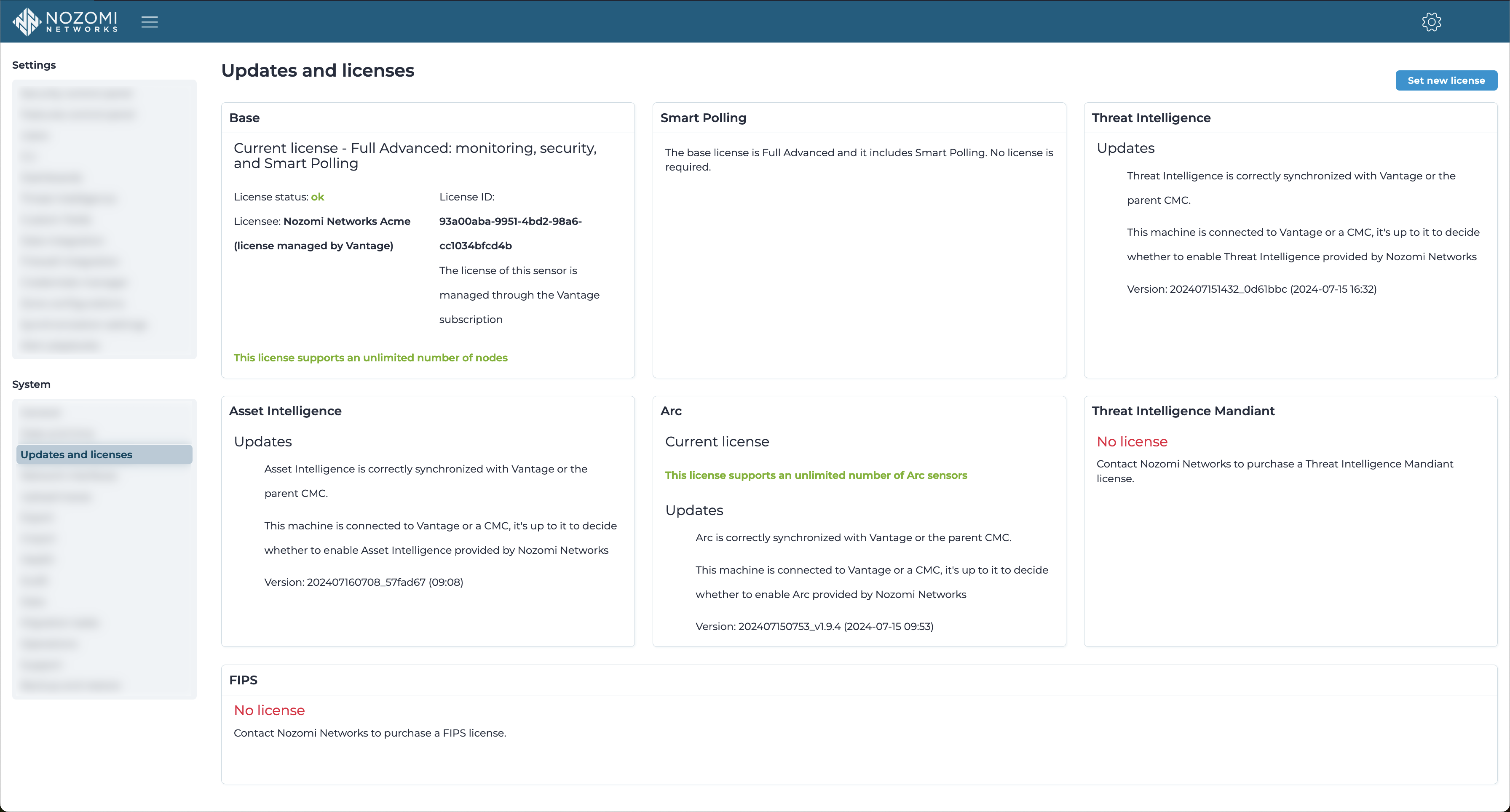 Updates and licenses page