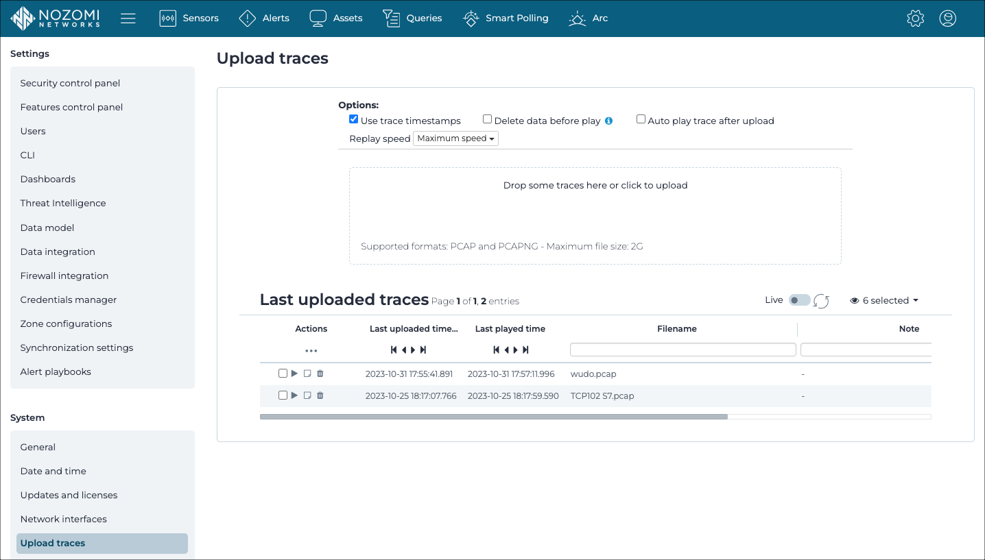 Upload traces page