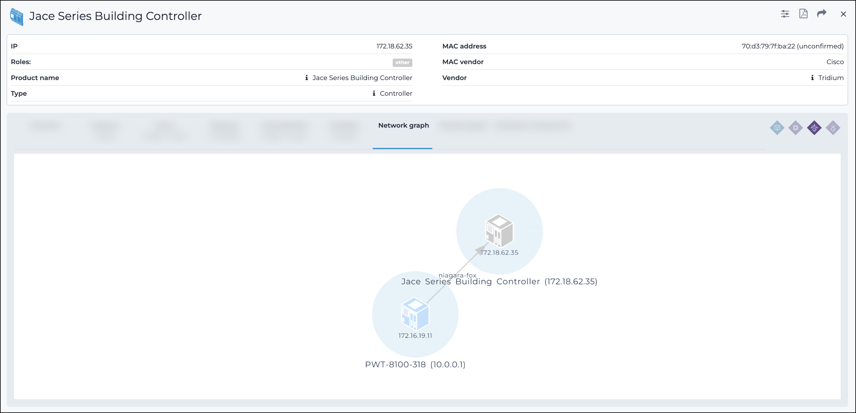 Network graph tab displaying a visual topology of connected devices, including asset names, IP addresses, and communication protocols.